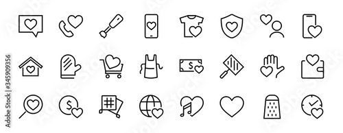  The set of icons about love contains such icons as love of music, declaration of love, heart, favorite home, Linear set. Vector on a white background. Editable stroke. 480x480