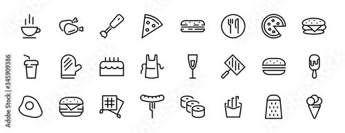   A simple set of fast food icons related to the vector line. Contains icons such as pizza, burger, sushi, bike, scrambled eggs and more. EDITABLE stroke. 480x480 pixels perfect, EPS 10