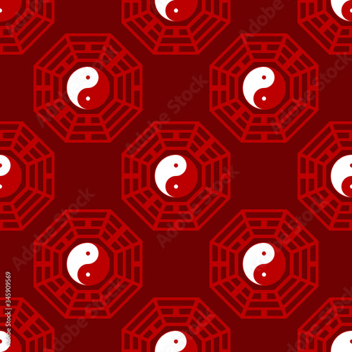 Seamless vector pattern with Yin and yang symbol with Bagua Trigrams