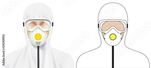 Doctor dressed in a white medical uniform. Medical worker wearing disease protection coverall, goggles and N95 face mask. Corona virus safety equipment vector illustration in 3D and flat styles.