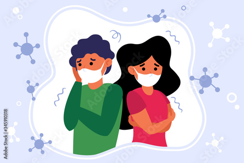 Concerned unhappy people feeling anxiety and fear about corona virus. Man and woman wearing face medical masks. Vector illustration for coronavirus panic attack and warning concepts