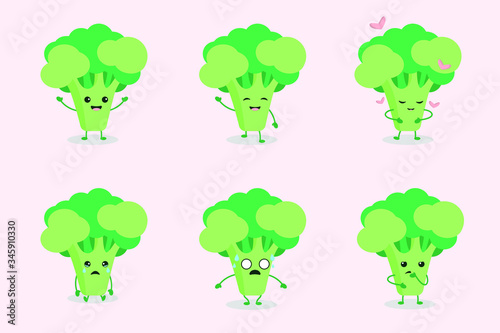 Broccoli sticker set. Healthy food emoji for social media network  scrapbook or notebook sticker. Phone case or cloth print art. Cartoon style flat vector illustration. Set of cute broccoli character 