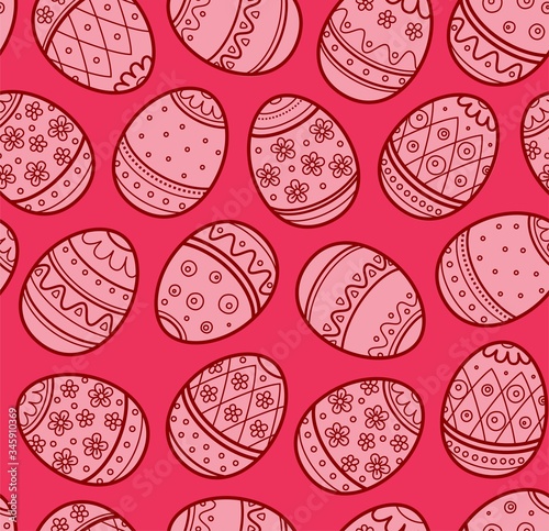 Easter pattern, seamless, pink eggs. Red eggs with a dark outline. Decorative flat background. Easter vector pattern. 