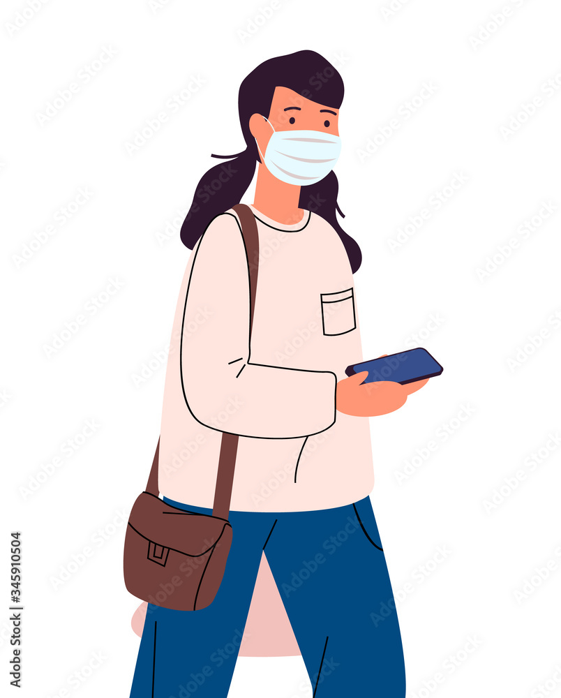 Flat vector illustration of young woman in face medical mask holding smartphone in hands. Respiratory protection from virus. Bacterias at phone. Viral pandemic, protection against infection