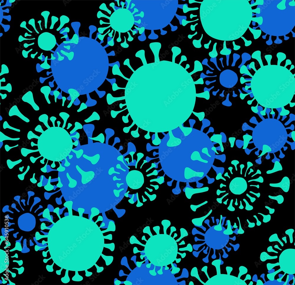 Virus, seamless pattern, color, black. Virus strain. Green and blue flat images on a black field. Vector image. Virus, seamless pattern, color, black. Virus strain. Green and blue flat images on a black field. Vector image.