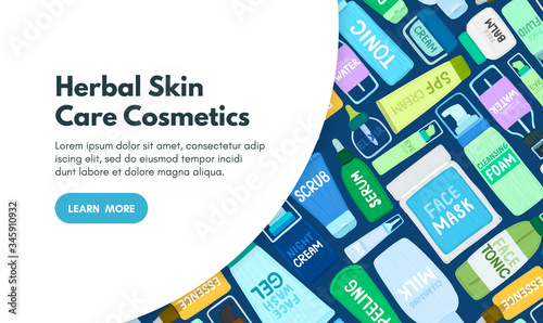 Organic or natural cosmetics. Many jars and bottles with cosmetic names. Facial skin care. Online store. Landing page template. Background is for banner, header, advertising, mailing list. Vector