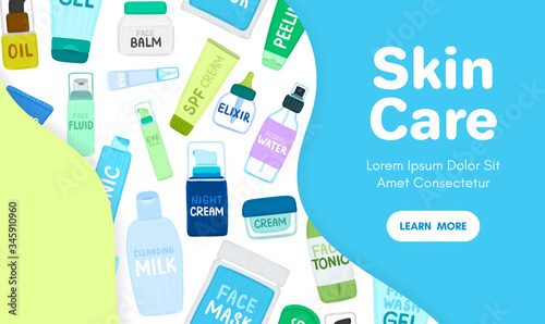 Organic or natural cosmetics. Many jars and bottles with cosmetic names. Facial skin care. Online store. Landing page template. Background is for banner, header, advertising, mailing list. Vector