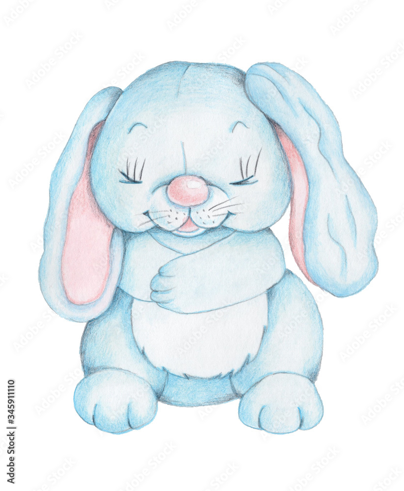 Fototapeta premium Fun fat blue bunny the rabbit, toy hare, sitting, Watercolor illustration, isolated.