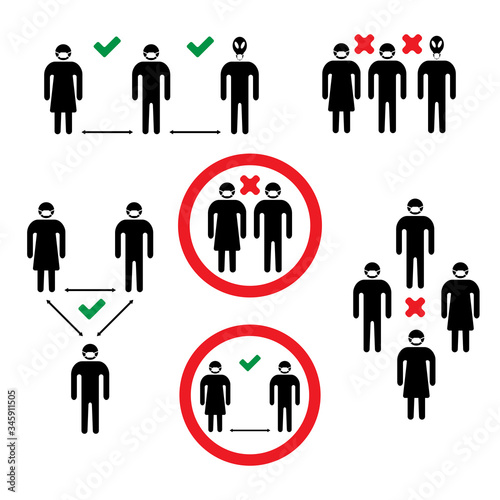 Set of icons with masked people showing how to properly maintain social distance. Simple vector illustration.