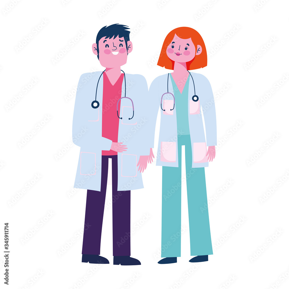 thanks you doctors, male and female physicians with stethoscope and uniform thanks you doctors, male and female physicians with stethoscope and uniform