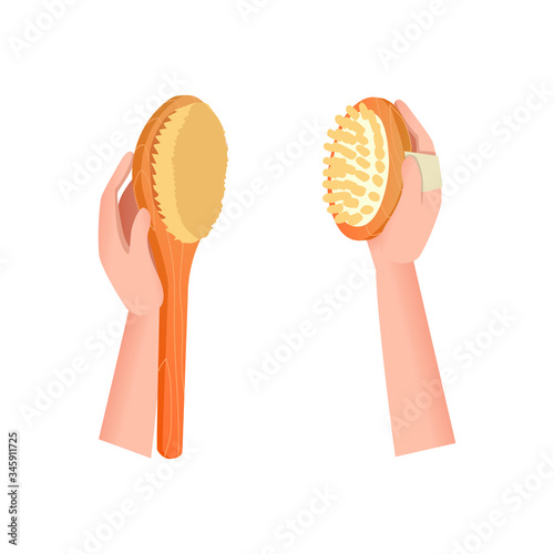 anti-cellulite dry brush massage. hands hold spa treatment accessories. isolated vector illustration on white. natural wooden shower brushes with bristle and short brushing heads