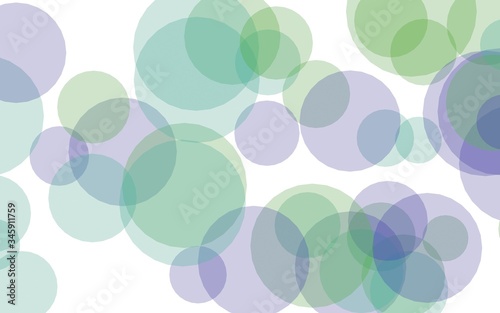 Multicolored translucent circles on a white background. Green tones. 3D illustration