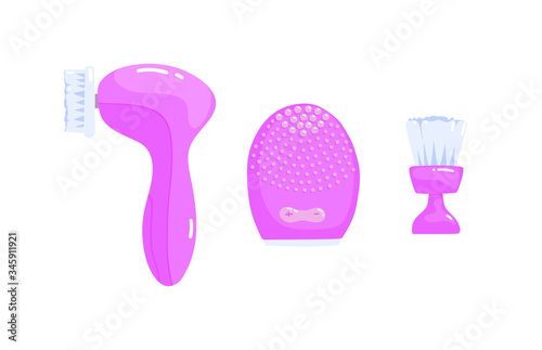 Facial cleansing brushes. Cosmetic tools. face care, scrubbing, Exfoliating, Removing Blackhead, Massaging, to remove make up, dirt, dead sin cells, unclog pores. isolated vector illustration on white