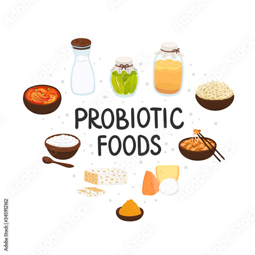 Vector probiotic foods. Best sources of probiotics. Beneficial bacteria improve health. Design is for label, brochure, menu, poster, advertising banner, article about diets, healthy proper nutrition