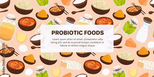 Vector background with probiotic foods. Best sources of probiotics. Beneficial bacteria improve health. Design for label, header, brochure, menu, banner, article about diet, healthy proper nutrition