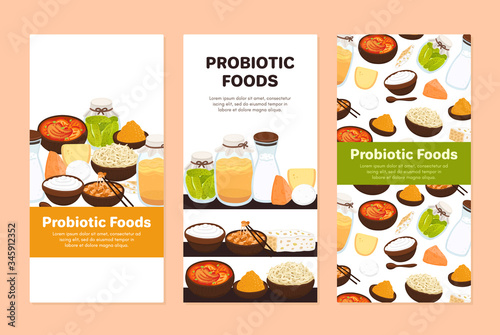 Vector backgrounds with probiotic foods. Best sources of probiotics. Beneficial bacteria improve health. Designs is for brochure, menu, advertising flyer, booklet about diets, healthy proper nutrition