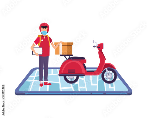 smartphone with delivery worker using face mask in motorcycle