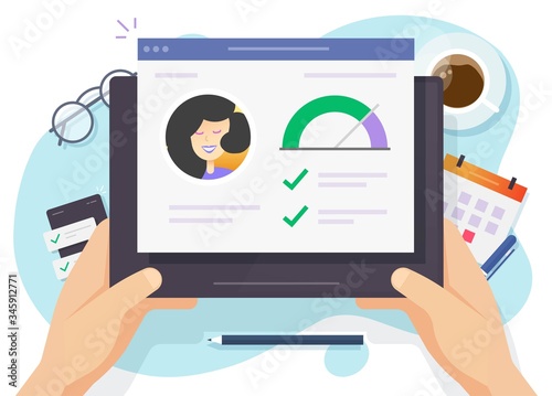 Credit score rating report financial check research online or personal info skills history with good data assessment vector flat, finance loan rank analysis inspection or investigation stats record