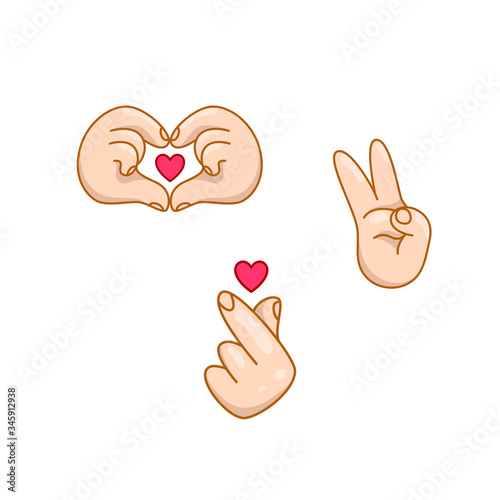 set of cartoon hands making love signs. ok and peace gesture. korean popular music style. isolated stickres vector illustration. love symbol t shirt print. heart icon