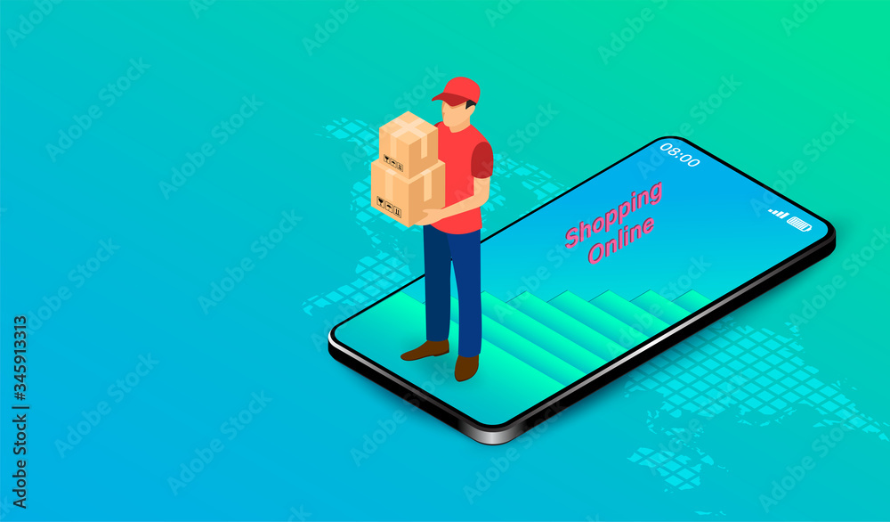Delivery express by parcel delivery person on mobile application with GPS. Online food order and package in E-commerce by website. isometric flat design. Vector illustration