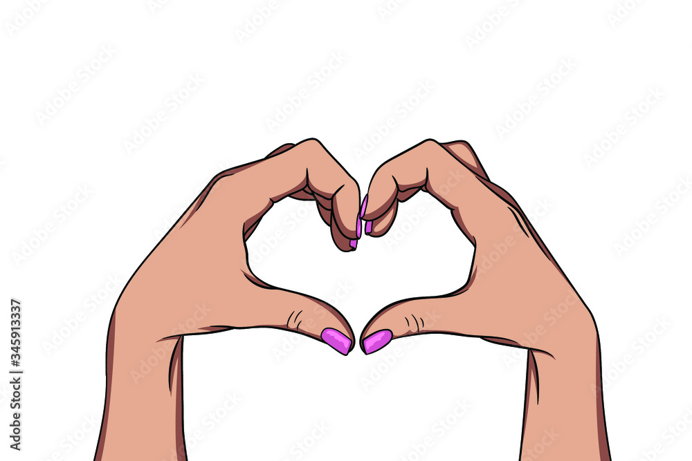 female hands forming heart shape. Love gesture. Comic cartoon pop art retro vector illustration drawing. Sticker symbol for love, friendship and peace. valentine card Isolated on white background female hands forming heart shape. Love gesture. Comic cartoon pop art retro vector illustration drawing. Sticker symbol for love, friendship and peace. valentine card Isolated on white background