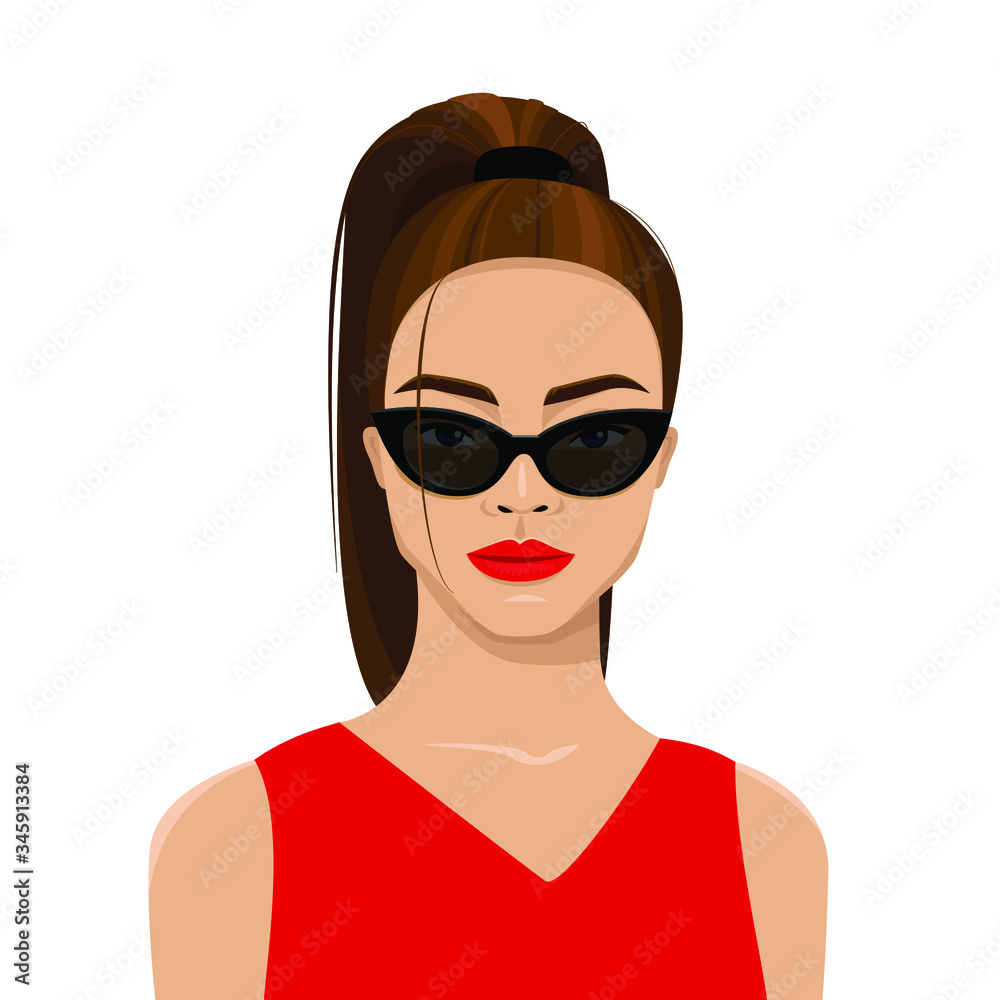 Beautiful woman in sunglasses with red lips in a red dress. Elegant ...