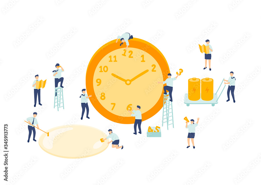 Work time employee teamwork management, Miniature assembly team staff tiny people make clock, Business metaphor concept Poster or social banner design, Vector illustration isolated on white background