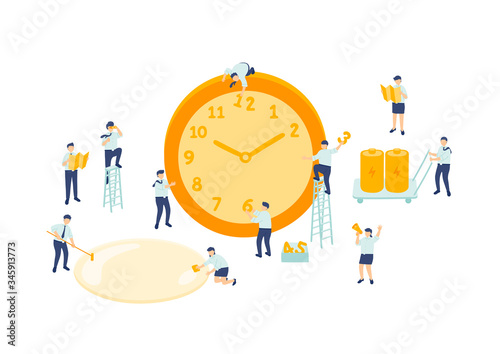 Work time employee teamwork management, Miniature assembly team staff tiny people make clock, Business metaphor concept Poster or social banner design, Vector illustration isolated on white background