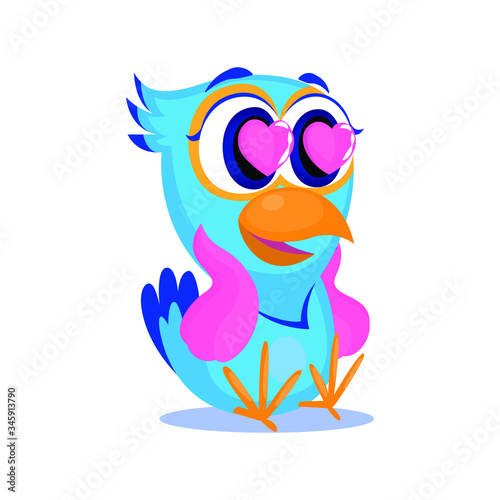 ute Smiling cartoon bird With Heart Shaped Eyes. Falling in love parrot sticker. Vector illustration isolated on white background