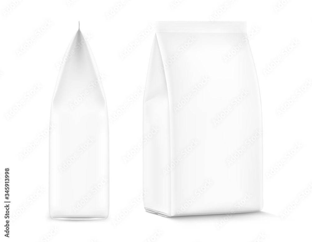 Realistic food bags isolated on white background. Isometric and side view. Vector illustration. Can be use for template your design, presentation, promo, ad. EPS 10.	
