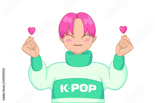 happy cheerful teen boy showing heart shaped sign with fingers. k-pop south korean popular music icon. asian idol singer. kpop army fan group. Isolated vector illustration on white.