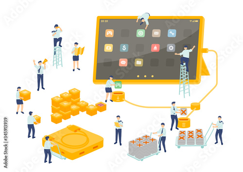 Work service technology employee teamwork management, Miniature assembly team staff install application tablet Business metaphor concept Poster or social banner Vector illustration isolated background