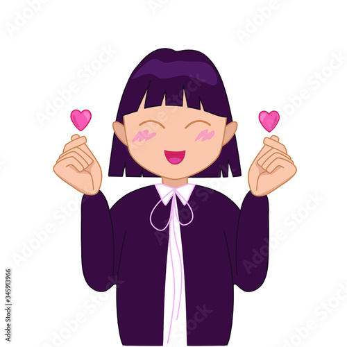 happy cheerful teen girl showing heart shaped sign with fingers. k-pop south korean popular music icon. asian idol singer. kpop army fan group. Isolated vector illustration on white.