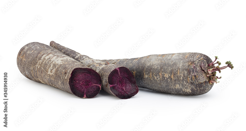Purple carrots isolated on white background.