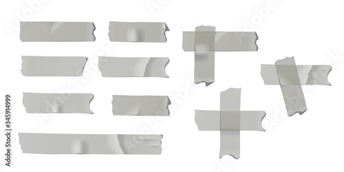 Gray adhesive or masking tape pieces isolated on white background. Vector design elements.