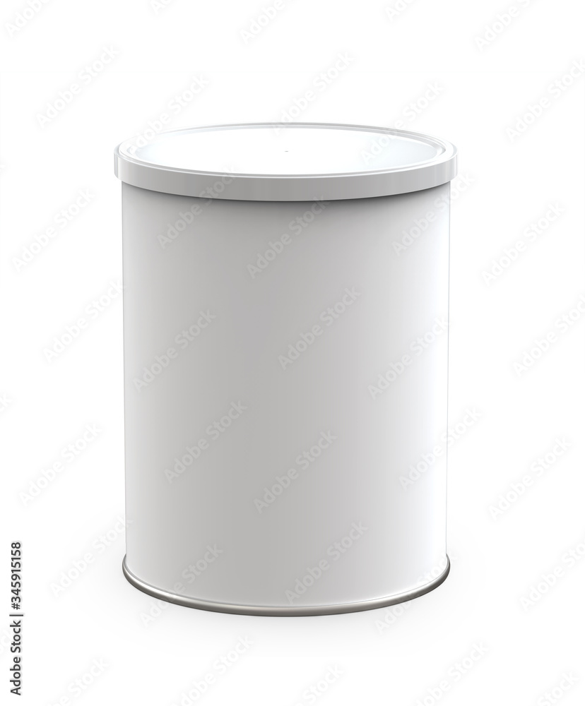 White Round Tin Can with Black Plastic Lid. Container for Coffee, Baby Food, Dry Milk, Sugar, Snacks, Candy or Tea. 3D Render Isolated on White Background. White Round Tin Can with Black Plastic Lid. Container for Coffee, Baby Food, Dry Milk, Sugar, Snacks, Candy or Tea. 3D Render Isolated on White Background.