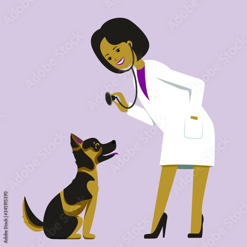 Veterinarian woman doctor examining a dog. Stock vector illustration. Medicine. Vet doctor curing cute pet. healthcare service or medical center for domestic animals. Treatment, counseling and care