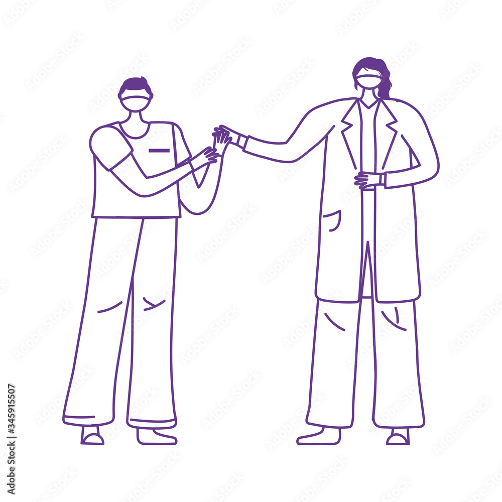 thanks doctors nurses, female physician and male nurse with medical masks