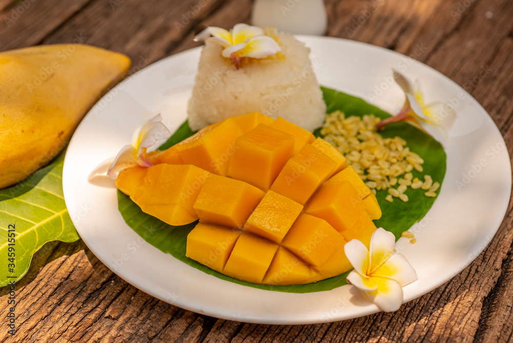 Thailand Dessert Sweet Mango And Sticky Rice On Banana Leaf, Summer fruit