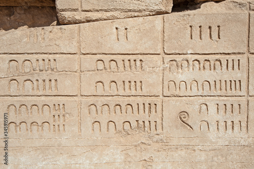 Hieroglyphic numerical carvings on an ancient egyptian temple wall