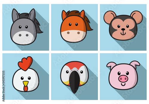 Set Of Cute Cartoon Animals Face Isolated . Vector Flat Design Illustration from Front. Suitable for Web site page, Mobile app and Social Media.