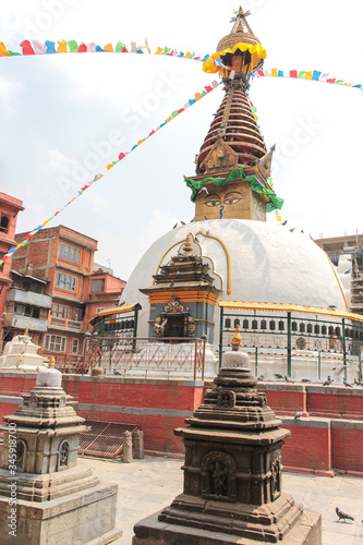 View of buddhist Kathesimbhu stupa (also known as Kaathe Swyambhu Shree Gha Chaitya) in Thamel district in Kathmandu city. Theme of beautiful religious buildings.