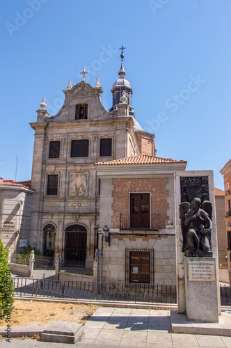 Main Facade of the Castrense Cathedral Church Next to it Monument to the Victims of the Attack on King Alfonso XIII and Victoria Eugenia in Madrid de los Austrias. June 15, 2019. Madrid. Spain. Travel