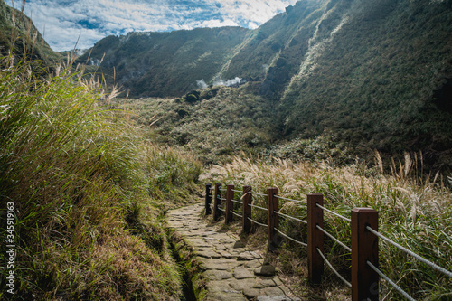 Landscape of walkway to climb up the mountain among grass flowers at Yangmingshan national park in Taiwan