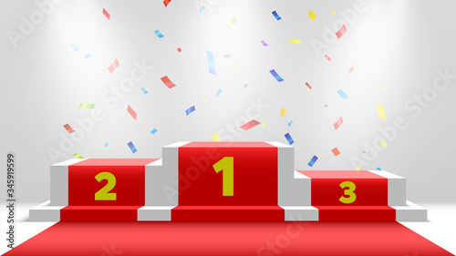 White winners podium with red carpet and confetti. Stage for awards ceremony. Pedestal with spotlights. Vector illustration.