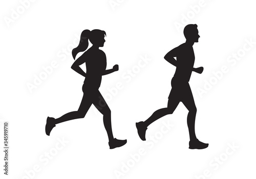 Running man and woman silhouette. Couple jogging. Marathon race concept. Sport and fitness design template with runners in flat style. Vector illustration.