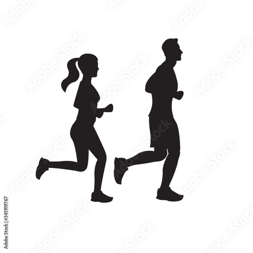 Running man and woman. Couple jogging. Marathon race concept. Sport and fitness design template with runners in flat style. Vector illustration.