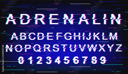 Adrenaline glitch font template. Retro futuristic style vector alphabet set on blue background. Capital letters, numbers and symbols. Extreme lifestyle modern typeface design with distortion effect