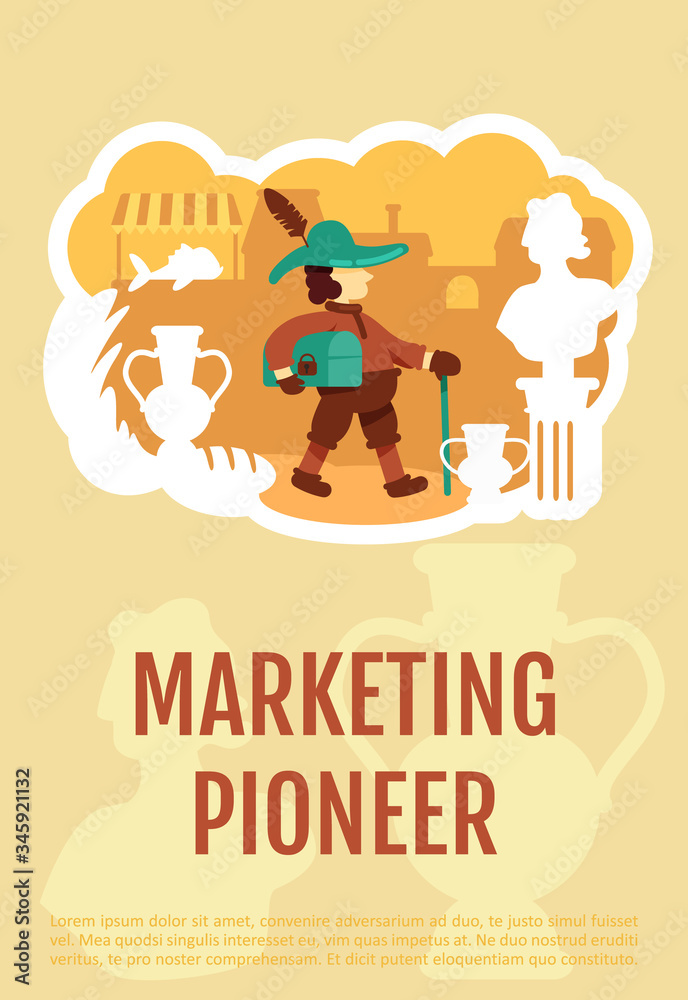 Marketing pioneer poster flat vector template. History of money making. Ancient trader. Brochure, booklet one page concept design with cartoon characters. Medieval trading flyer, leaflet Marketing pioneer poster flat vector template. History of money making. Ancient trader. Brochure, booklet one page concept design with cartoon characters. Medieval trading flyer, leaflet