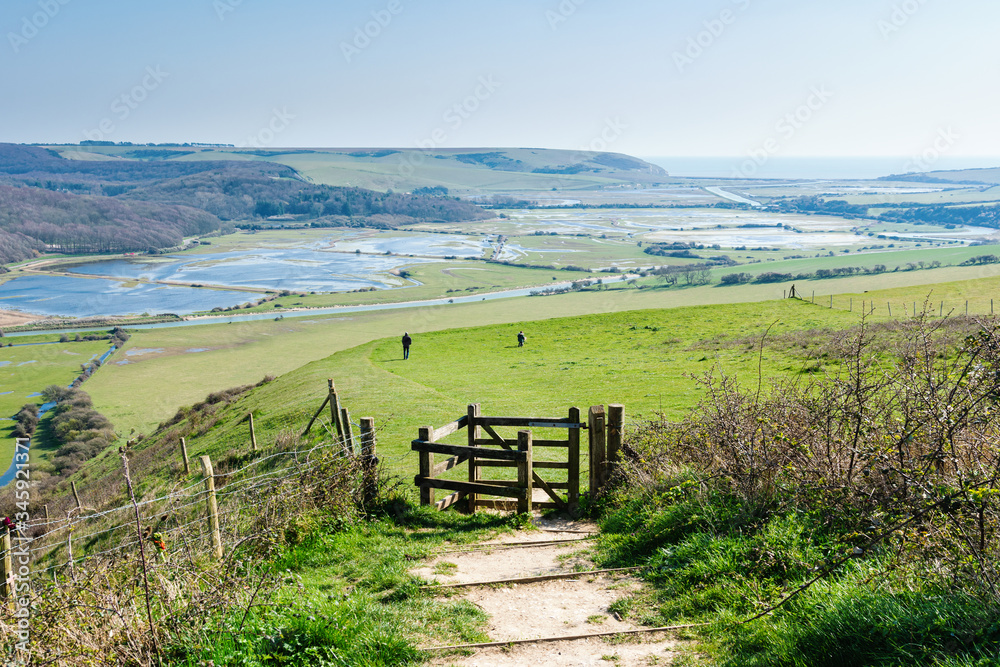 Walk from High and Over near Seaford and Eastbourne, East Sussex, footpath leading to Cuckmere Haven and Hope Gap beaches, country walks, selective focus